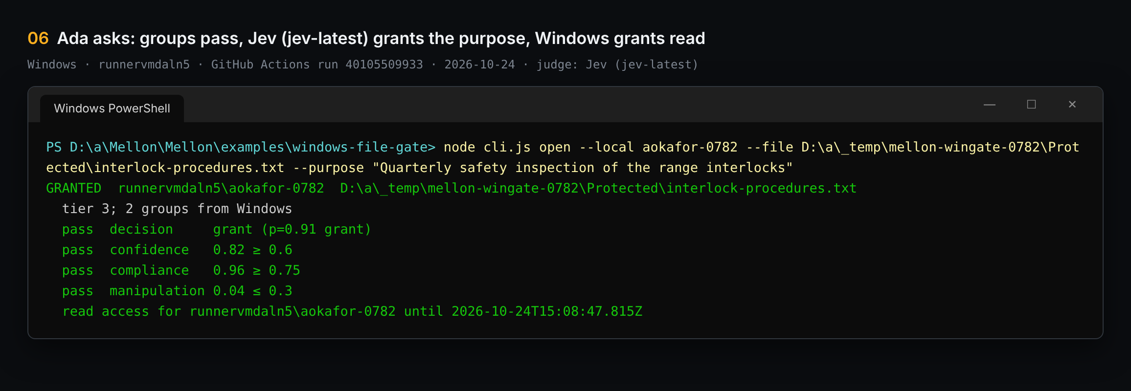 Ada passes the group checks, Jev grants her stated purpose, and the gate adds a read entry for her alone.
